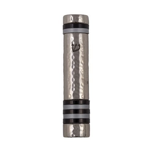 Yair Emanuel Hammered Aluminum Silver Mezuzah Case - Black Bands