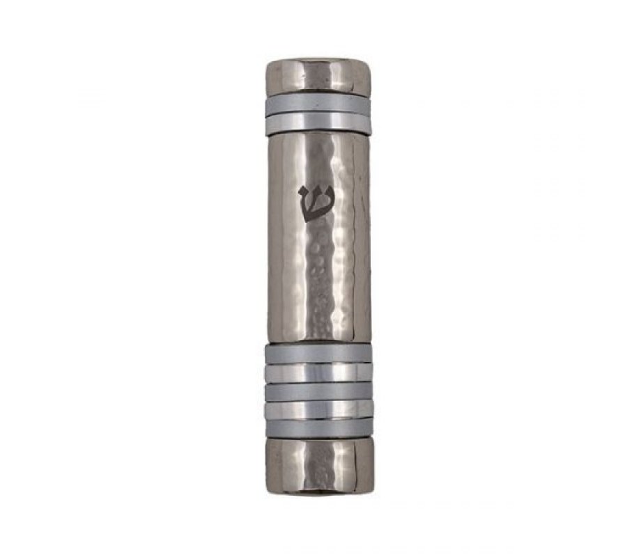 Yair Emanuel Hammered Aluminum Silver Mezuzah Case - Silver Bands