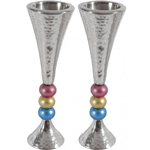 Yair Emanuel Hammered Aluminum Stem Candlestick - Colored Beads