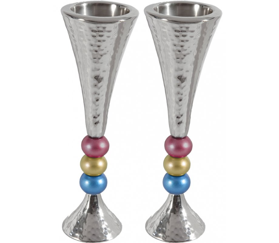 Yair Emanuel Hammered Aluminum Stem Candlestick - Colored Beads