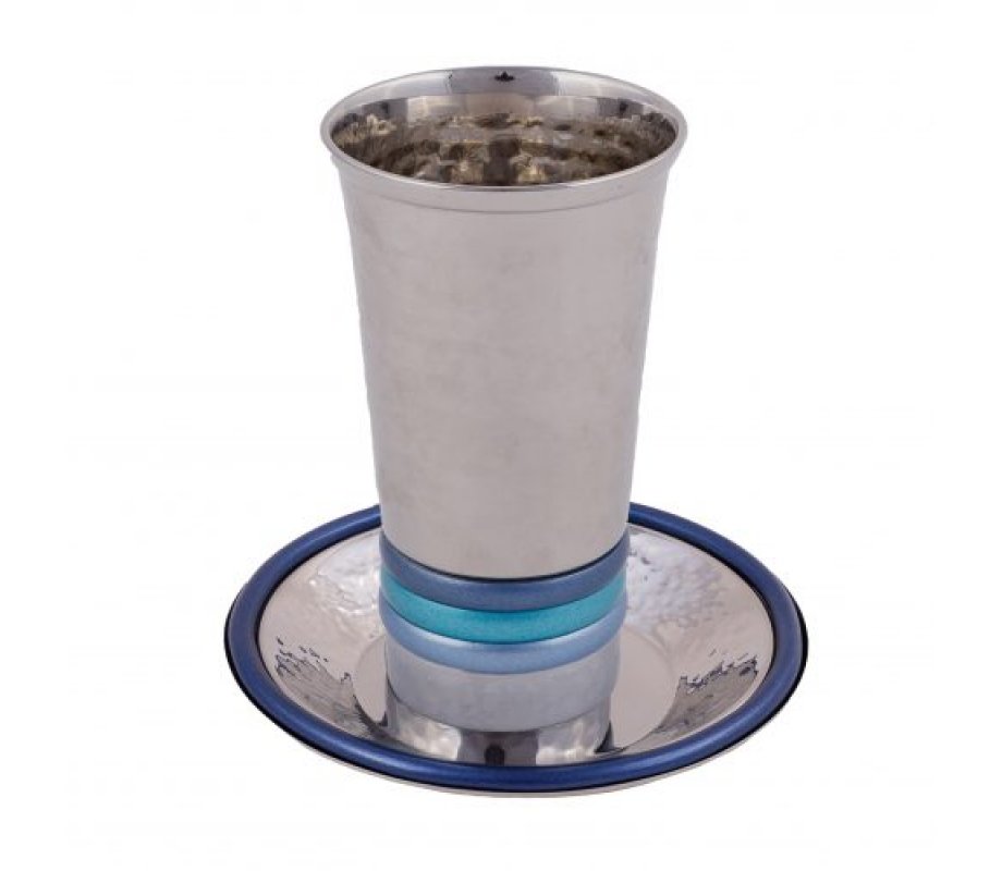 Yair Emanuel Hammered Kiddush Cup and Saucer with Rings - Blue