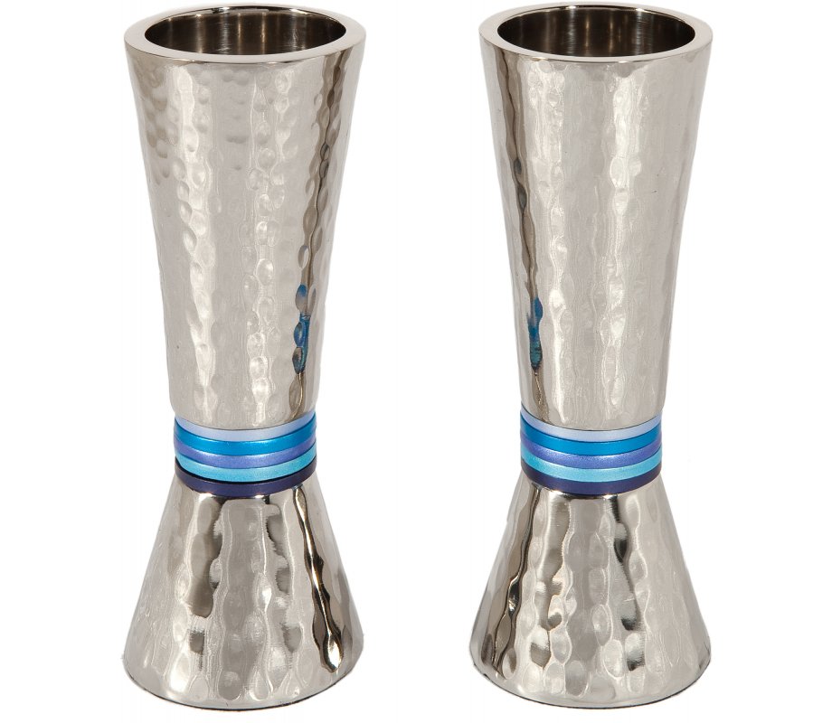 Yair Emanuel Hammered Nickel Cone Candlesticks - Colored Rings