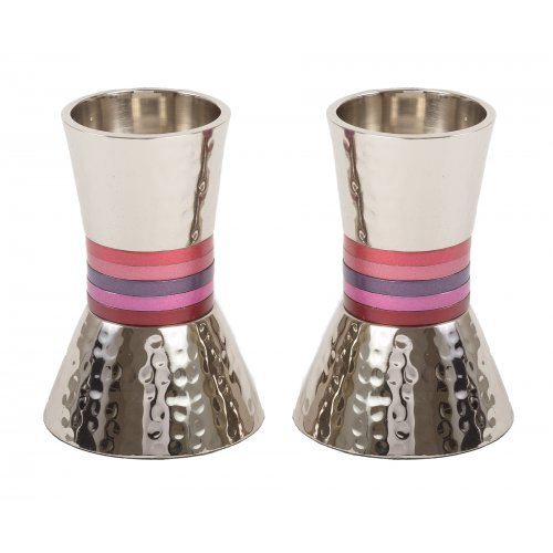 Yair Emanuel Hammered Nickel Cone Candlesticks Small - Colored Stripes
