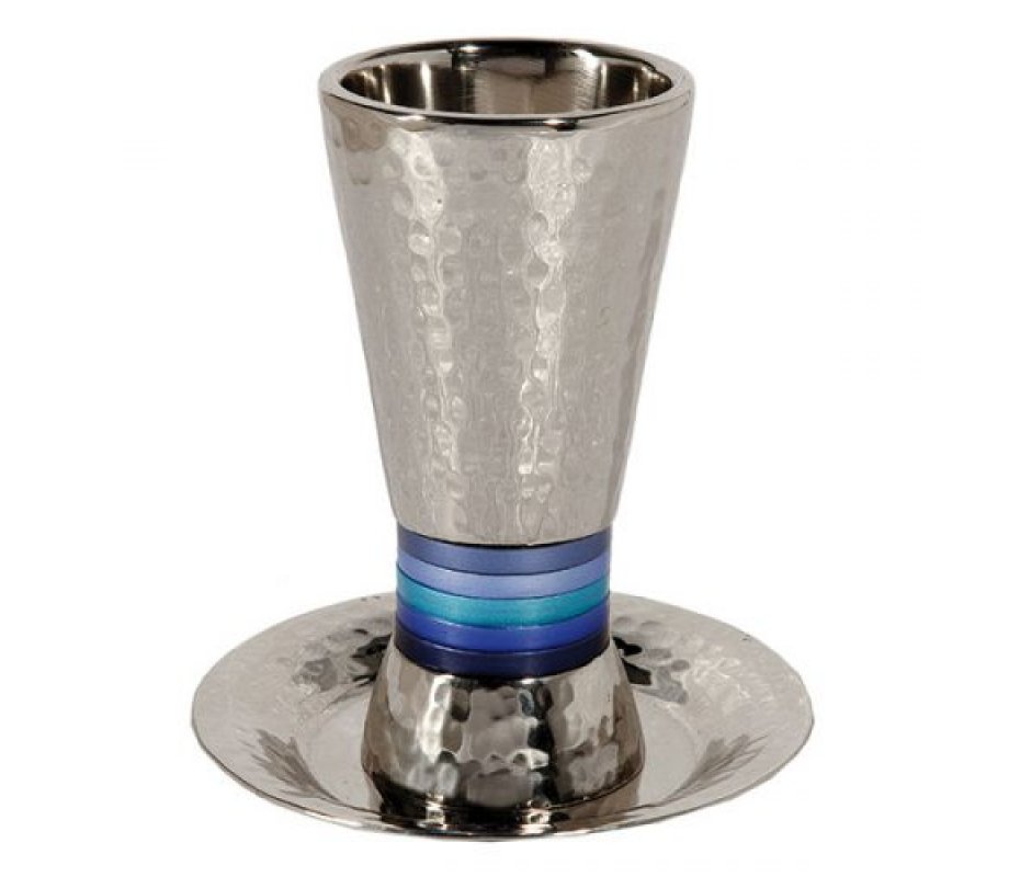 Yair Emanuel Hammered Nickel Cone Kiddush Cup Set - Blue Rings