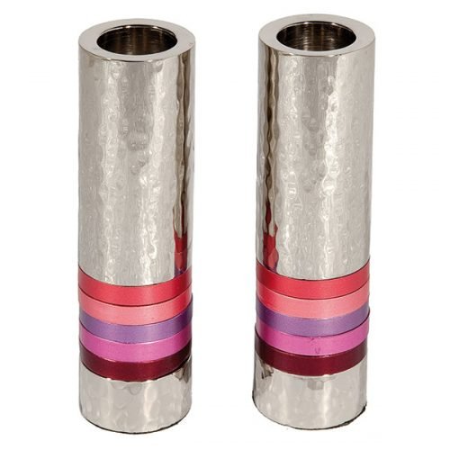 Yair Emanuel Hammered Nickel Cylinder Candlesticks - Pink Bands
