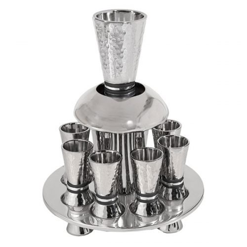 Yair Emanuel Hammered Nickel Kiddush Fountain Set 8 Cups - Silver and Gray Rings