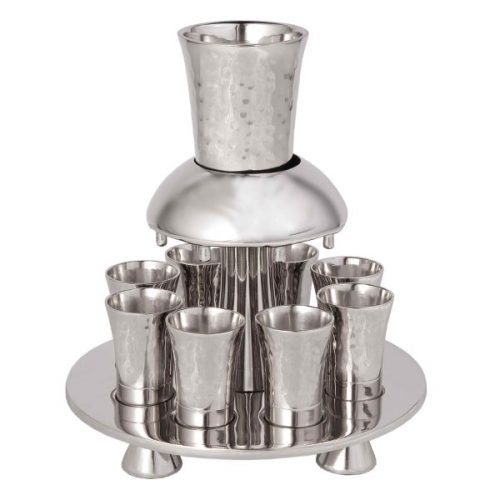 Yair Emanuel Hammered Nickel Kiddush Fountain Set, Eight Cups - Silver Bands