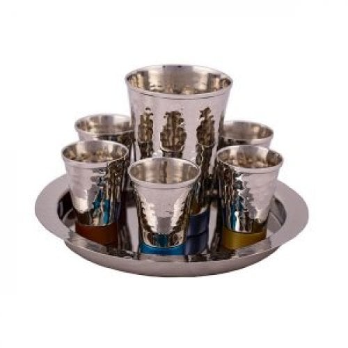 Yair Emanuel Hammered Nickel Kiddush Goblet, Six Cups and Tray - Multicolor Band