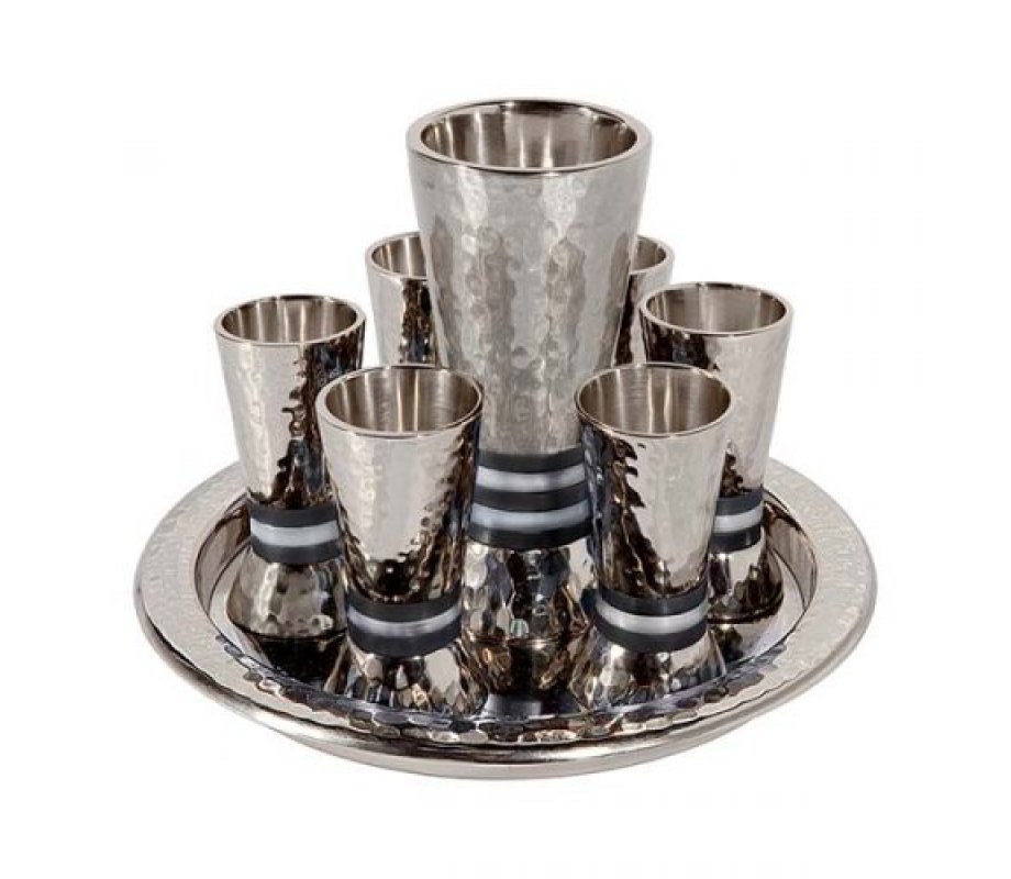 Yair Emanuel Hammered Nickel Kiddush Goblet and 6 Cups with Tray - Black Rings