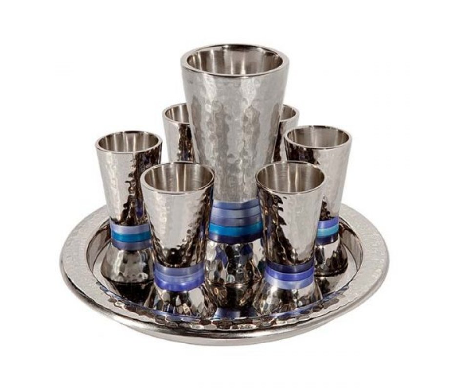 Yair Emanuel Hammered Nickel Kiddush Goblet and 6 Cups with Tray - Blue Rings