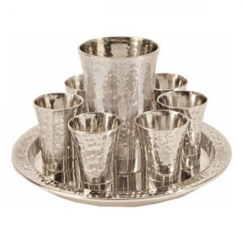 Yair Emanuel Hammered Nickel Kiddush Goblet with Six Cups and Round Tray