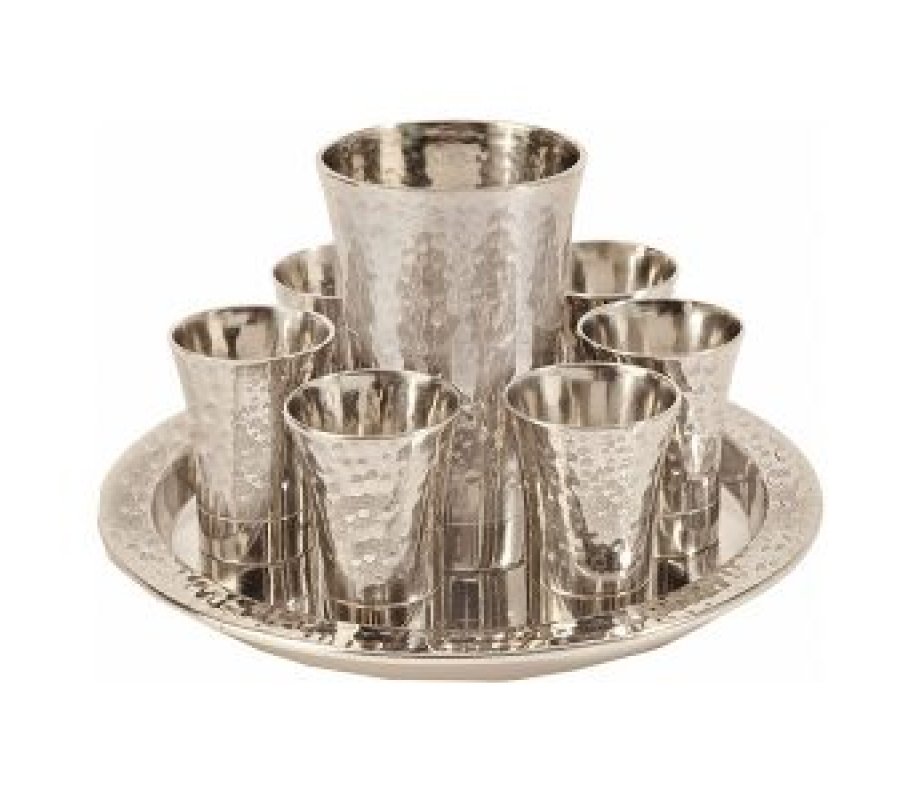 Yair Emanuel Hammered Nickel Kiddush Goblet with Six Cups and Round Tray