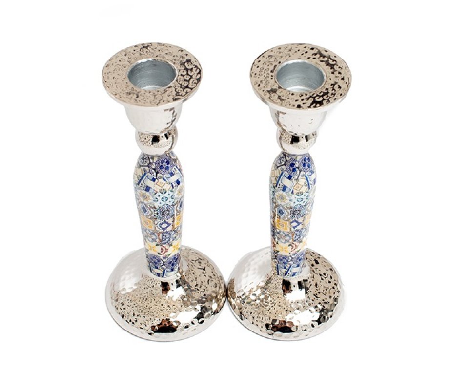 Yair Emanuel Hammered Stainless Steel Colorful Geometric Design Candlesticks
