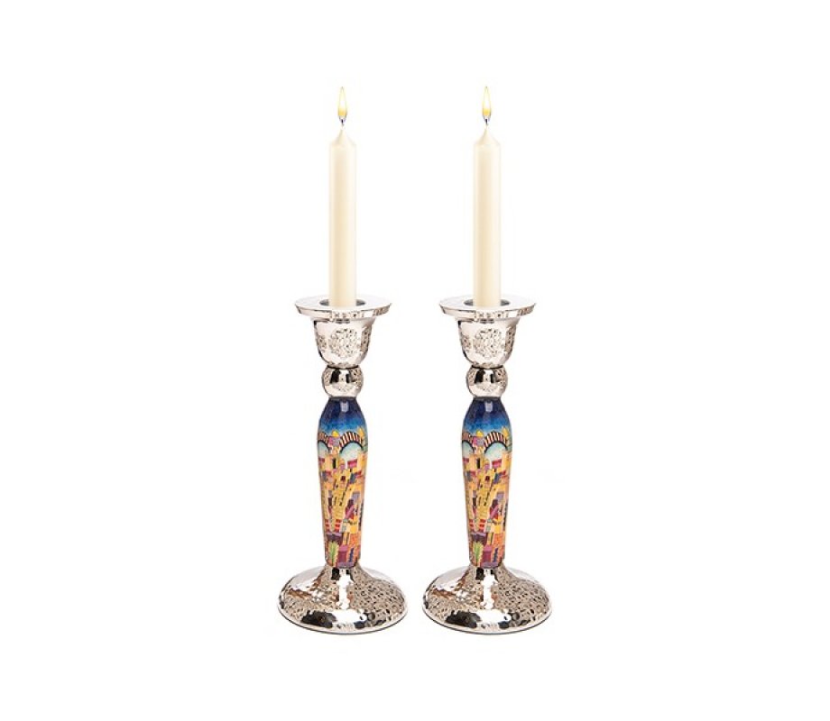 Yair Emanuel Hammered Stainless Steel Jerusalem Design Candlesticks