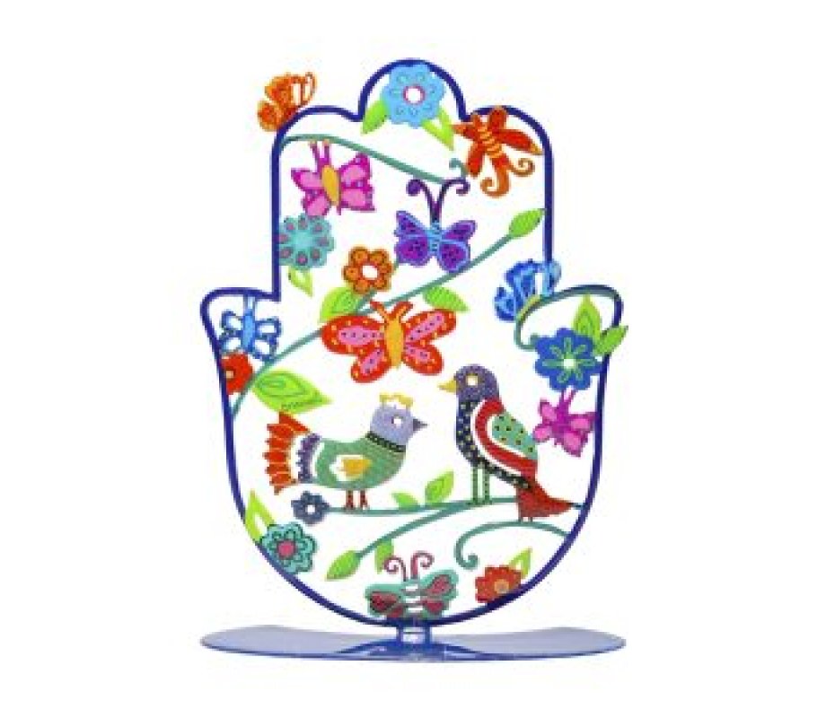 Yair Emanuel Hamsa Sculpture on Stand, Birds on Pastoral Scene – Small