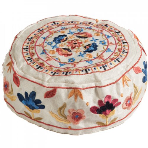 Yair Emanuel Hand Embroidered Bucharian Hat Kippah on Cream - Colorful Floral Design