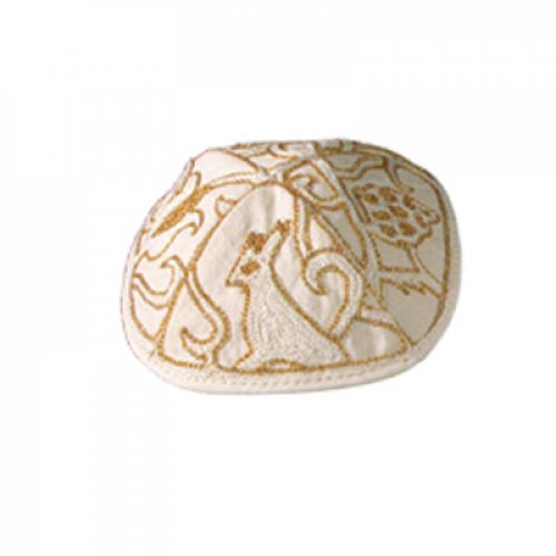 Yair Emanuel Hand Embroidered Cotton Kippah, Gold - Animal Images