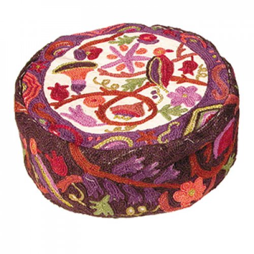 Yair Emanuel Hand Embroidered Hat, Rich Maroon - Birds and Pomegranates