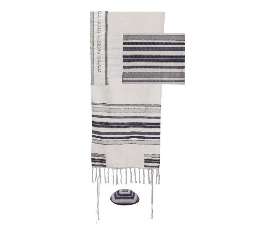 Yair Emanuel Hand Embroidered Silk-Cotton Tallit Set - Gray Stripes