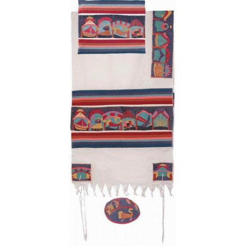 Yair Emanuel Hand Embroidered Woven Cotton Tallit Set, Red - Twelve Tribes - 1 in stock