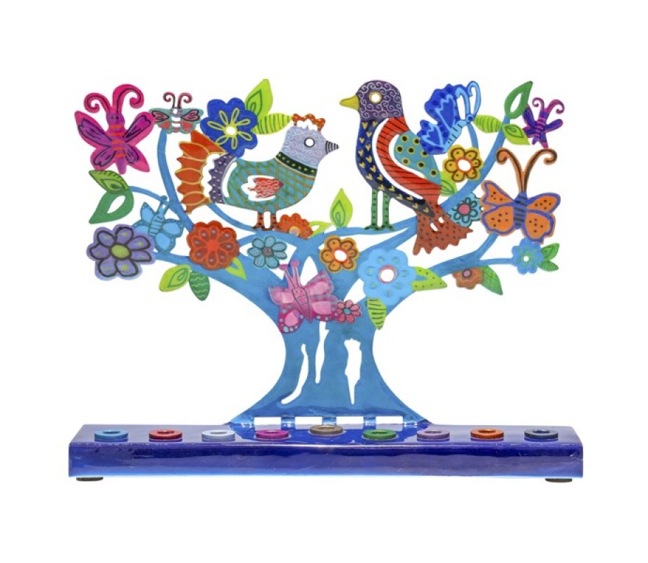 Yair Emanuel Hand Painted Chanukah Menorah, Colored Birds Flowers & Butterflies