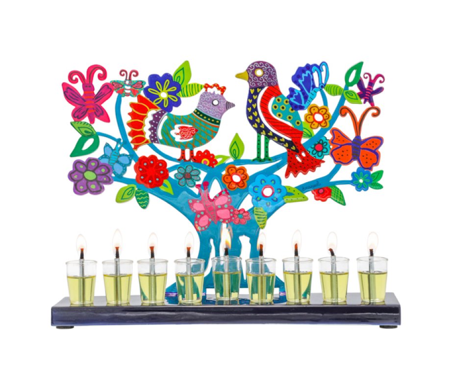 Yair Emanuel Hand Painted Chanukah Menorah, Colored Birds Flowers & Butterflies
