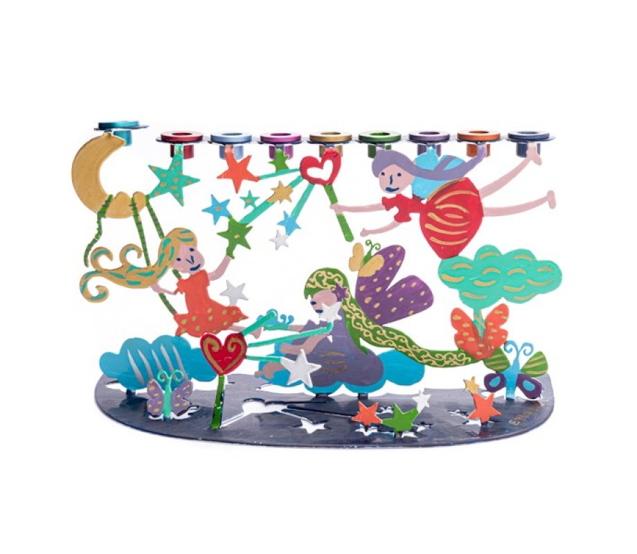 Yair Emanuel Hand Painted Chanukah Menorah, Youthful Wonderland Scene