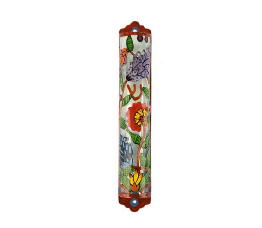 Yair Emanuel Hand Painted Colorful Laser Cut Metal Mezuzah Case - Flowers