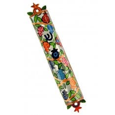 Yair Emanuel Hand Painted Colorful Laser Cut Metal Mezuzah Case Pomegranates