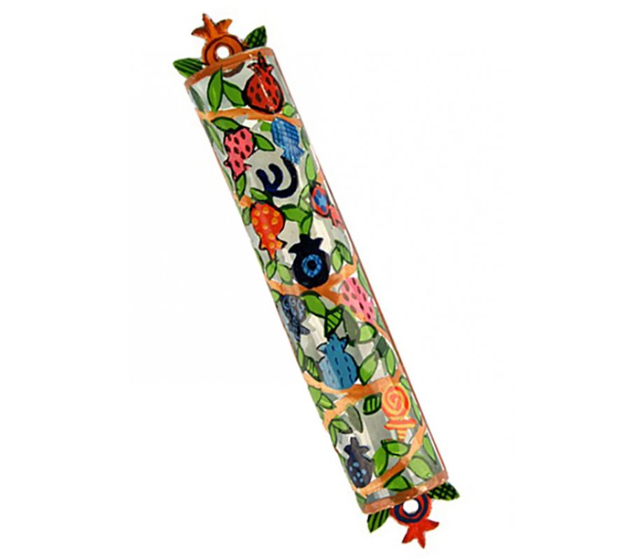Yair Emanuel Hand Painted Colorful Laser Cut Metal Mezuzah Case Pomegranates