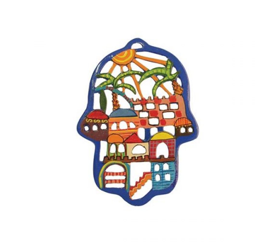 Yair Emanuel Hand Painted Colorful Laser Cut Wall Hamsa - Jerusalem