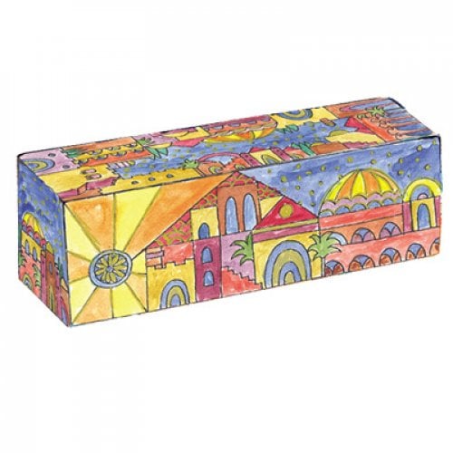 Yair Emanuel Hand Painted Compact Wood Hanukkah Menorah - Golden Jerusalem