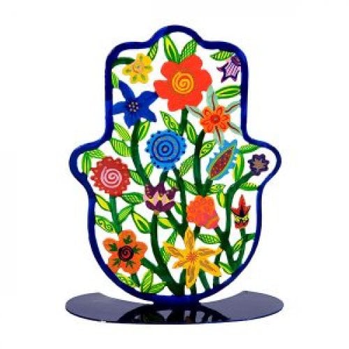 Yair Emanuel Hand Painted Hamsa on Stand, Large  Colorful Flowers