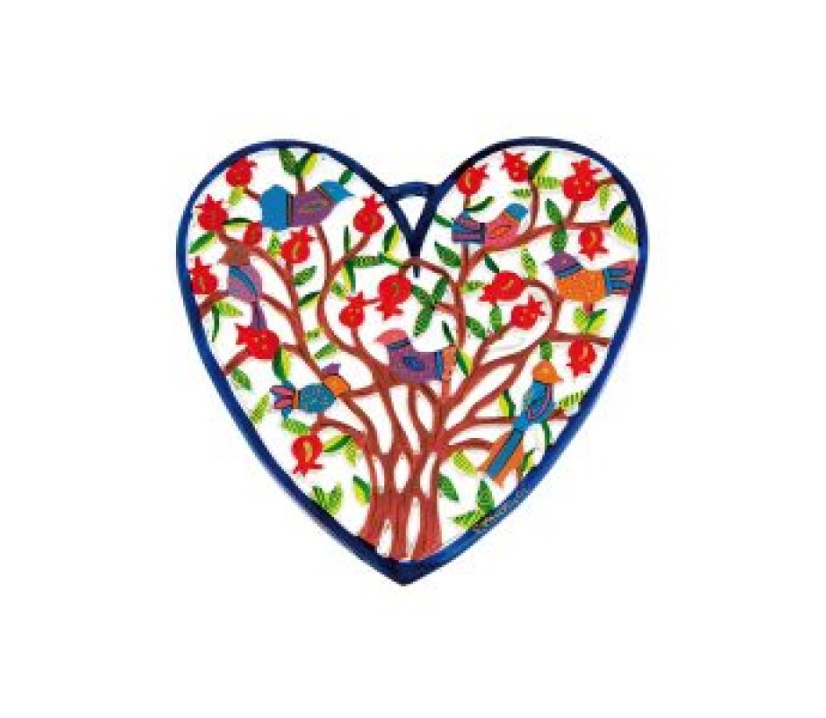 Yair Emanuel Hand Painted Heart Wall Hanging – Birds and Pomegranates, 2 Sizes