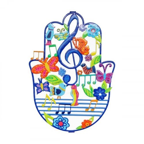 Yair Emanuel Hand Painted Large Hamsa Wall Decoration - Musical Notes