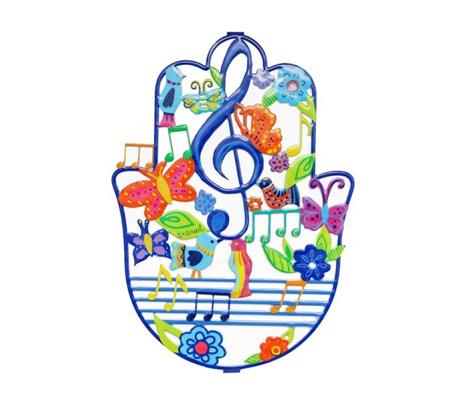 Yair Emanuel Hand Painted Large Hamsa Wall Decoration - Musical Notes