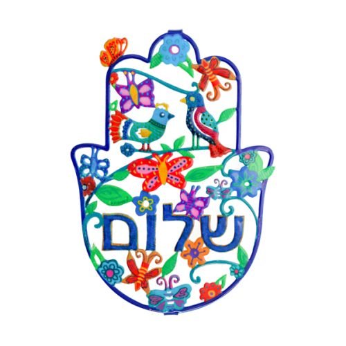 Yair Emanuel Hand Painted Large Wall Hamsa, Spring Scene with Shalom in Hebrew