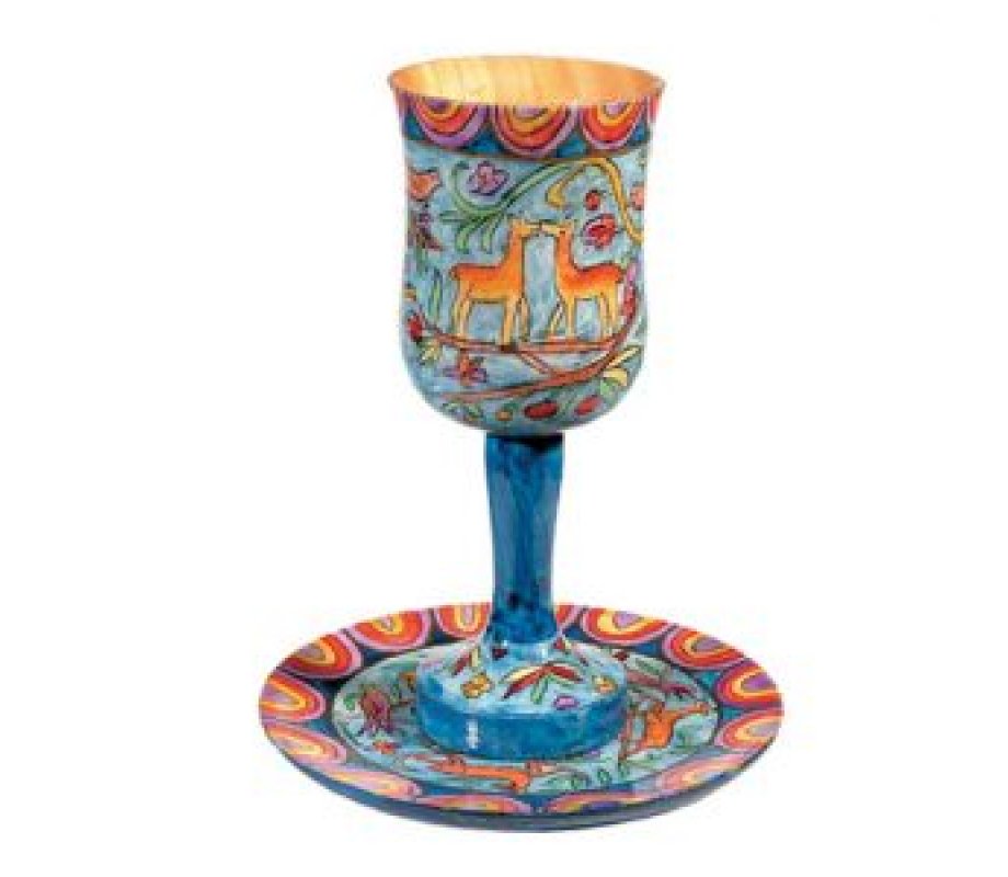Yair Emanuel Hand Painted Large Wood Kiddush Cup with Coaster - Jerusalem Scenes