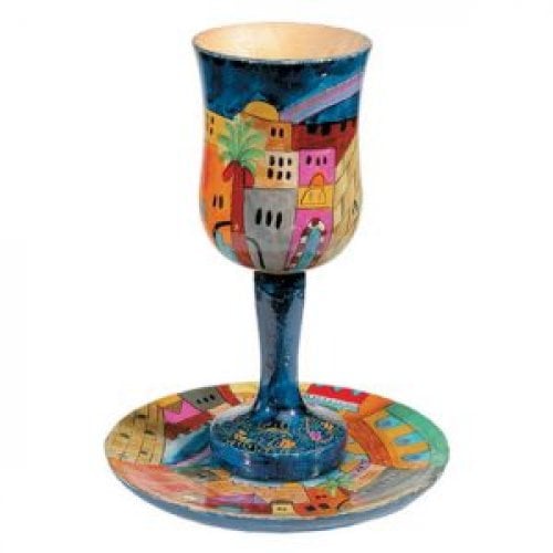 Yair Emanuel Hand Painted Large Wood Kiddush Cup with Coaster - Jerusalem Views