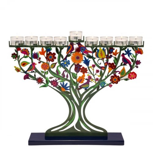 Yair Emanuel Hand Painted Laser Cut Chanukah Menorah, Pastoral Trees and Birds