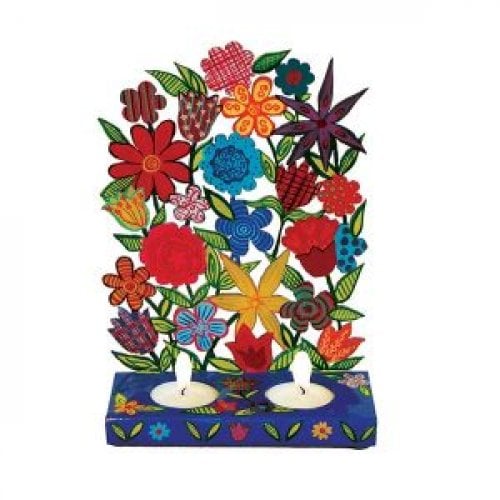 Yair Emanuel Hand Painted Laser Cut Shabbat Candlesticks - Colorful Flowers