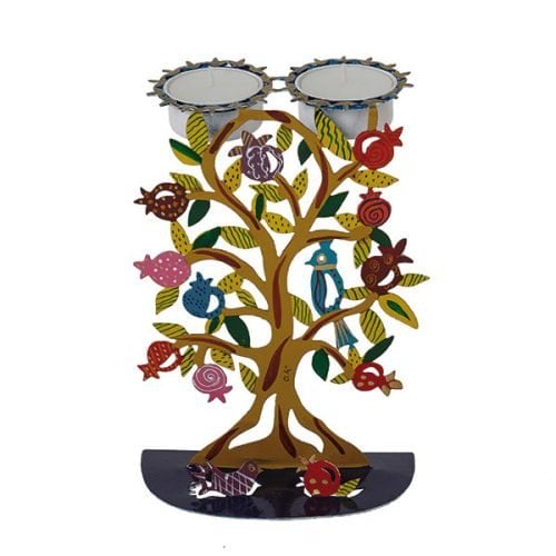 Yair Emanuel Hand Painted Metal Shabbat Candlesticks - Pomegranates