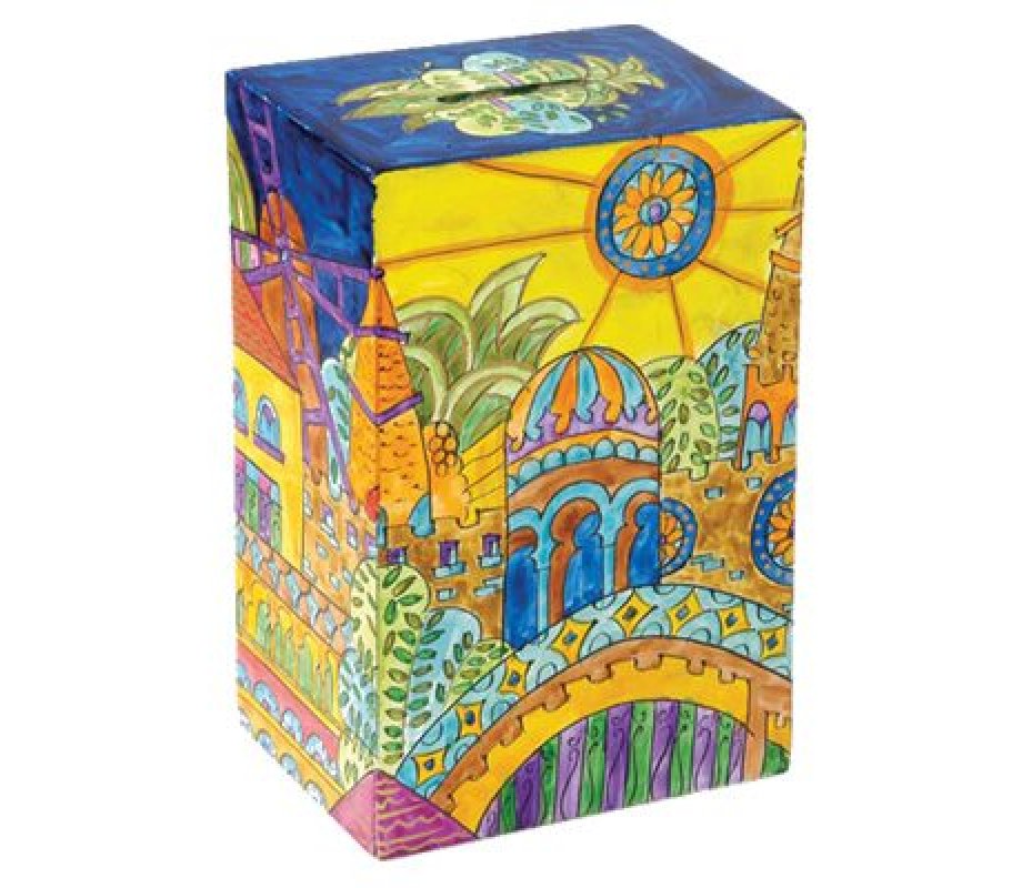 Yair Emanuel Hand Painted Rectangle Tzedakah Charity Box - Golden Jerusalem