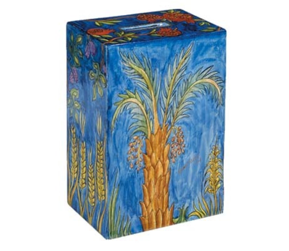 Yair Emanuel Hand Painted Rectangle Tzedakah Charity Box - Seven Species