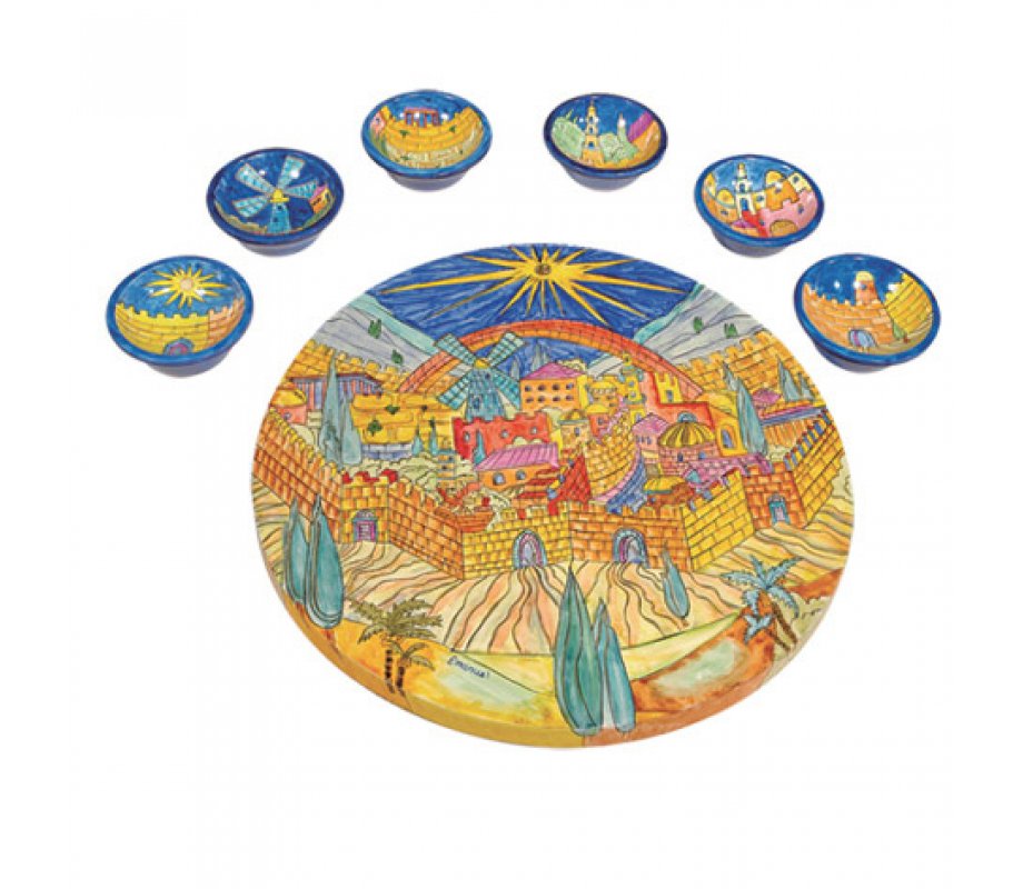 Yair Emanuel Hand Painted Seder Plate with Six Bowls - Jerusalem of Gold