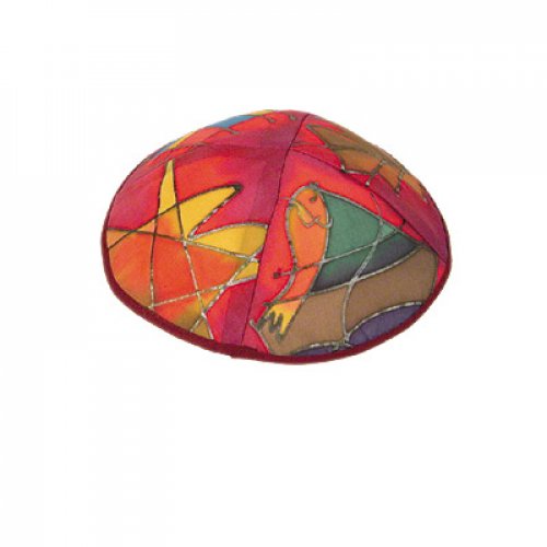 Yair Emanuel Hand Painted Silk Kippah, Red - Judaica motifs