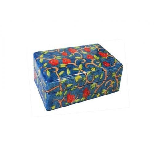 Yair Emanuel Hand Painted Small Wood Jewelry Box - Leafy Pomegranates