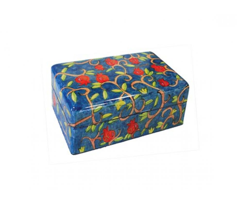 Yair Emanuel Hand Painted Small Wood Jewelry Box - Leafy Pomegranates