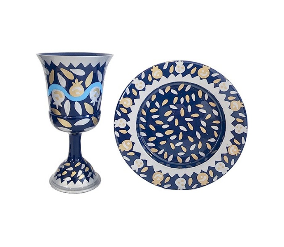Yair Emanuel Hand Painted Stem Kiddush Cup Set, Swirling Pomegranates - Blue