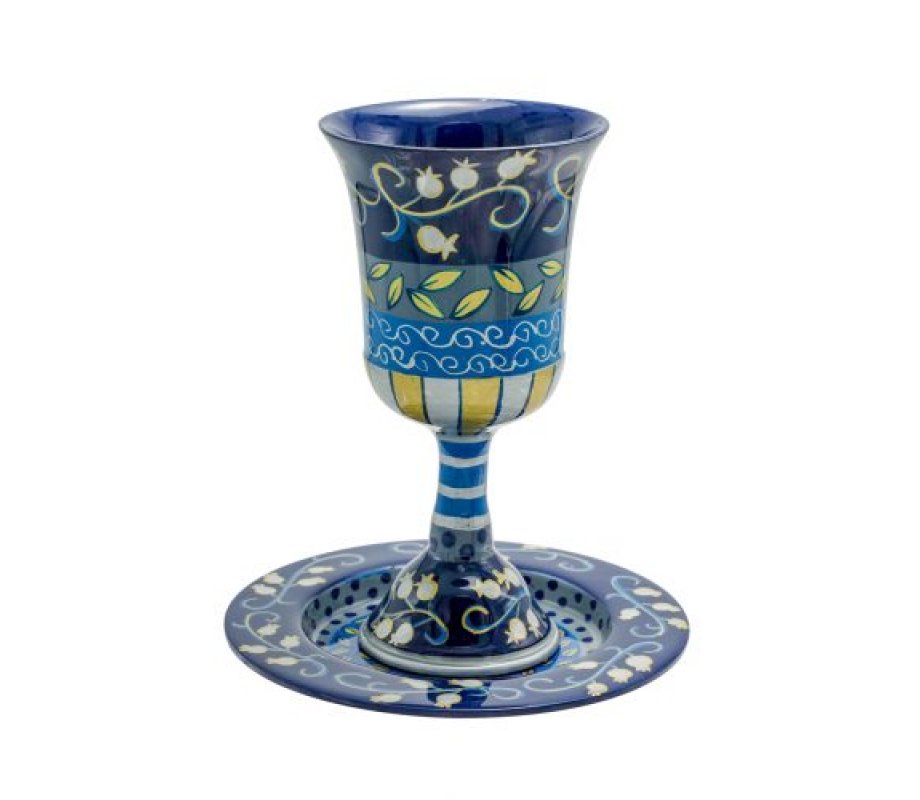 Yair Emanuel Hand Painted Stem Kiddush Cup, Swirling Pomegranates - Blue
